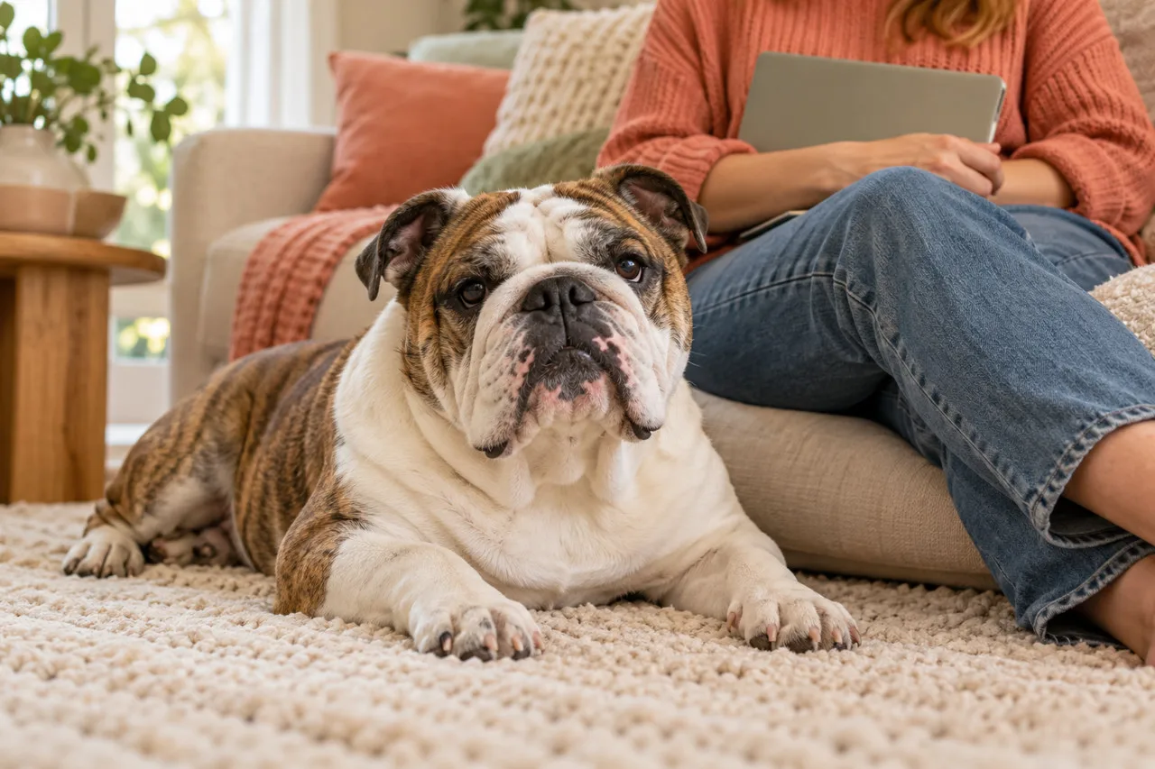 Bulldog resting beside an owner on a sofa