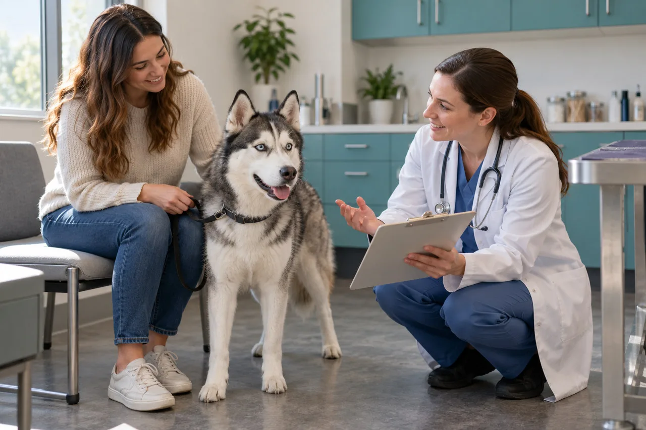 Veterinarian consulting with an owner and dog